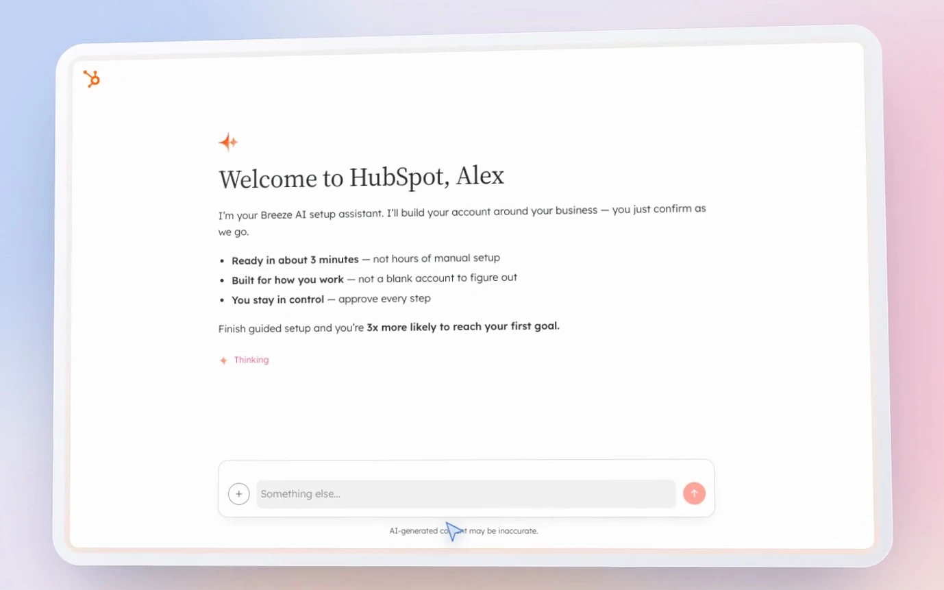 HubSpot onboarding assistant asking a new customer about their goals